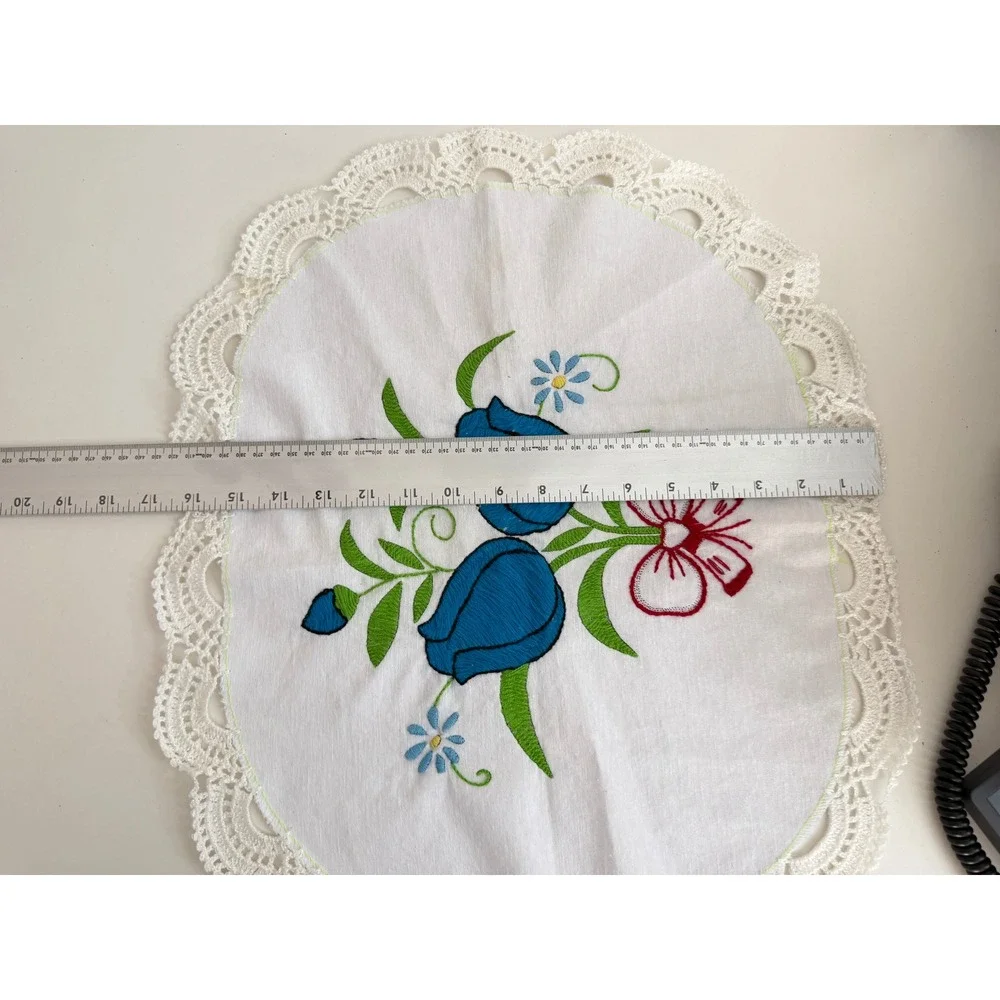 Vintage Hand Embroidered Blue Tulip Oval Doily White Crochet Lace Trim 11x8.5